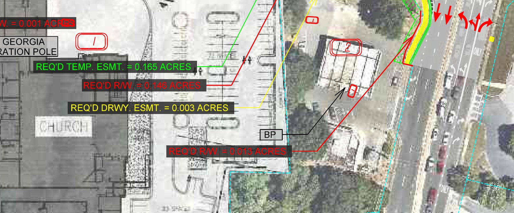 Enlarged extract of the same concept display showing parcel 1, the church property, beside parcel 2, this site, with the acquisition areas called out for each